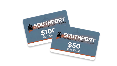 Two Southport gift cards overlapping, one $100 and one $50, advertising plumbing, heating, cooling.