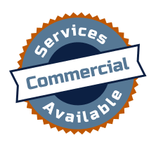 Circular seal badge with orange border and blue center, banner reading 'Commercial Services Available' indicating services are available.