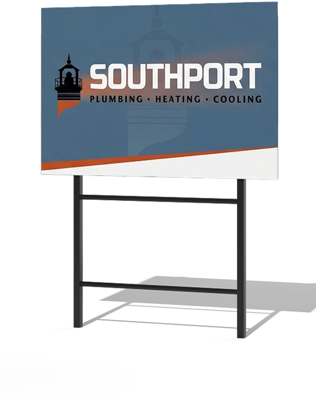 Signboard for Southport Plumbing, Heating & Cooling with blue background and orange diagonal accent