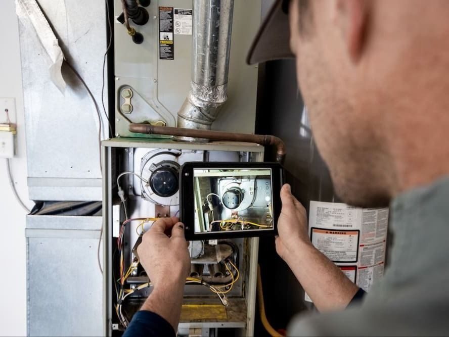 HVAC tech inspecting a furnace