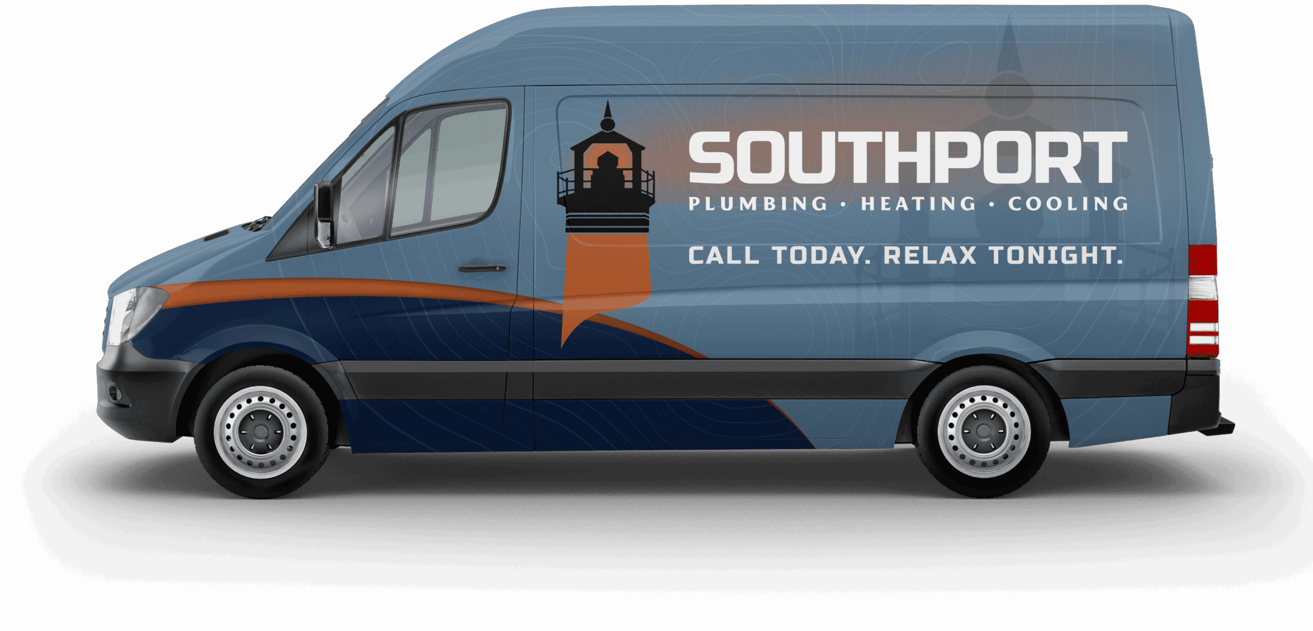 Branding on a blue service van advertising Southport Plumbing, Heating, Cooling with call-to-action: 'Call today. Relax tonight.'
