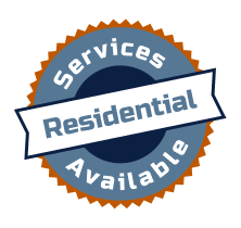 Badge stating 'Residential Services Available' with a blue circle, orange border, and white ribbon across the center.