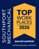 Award poster for Top Work Places 2026 with a yellow shield on a dark blue background, labeled Journal Sentinel and Midsize Business Category.
