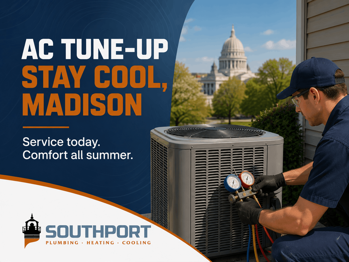 AC tune-up advertisement: technician services an outdoor AC unit beside a blue Southport banner reading 'AC TUNE-UP STAY COOL, MADISON.'