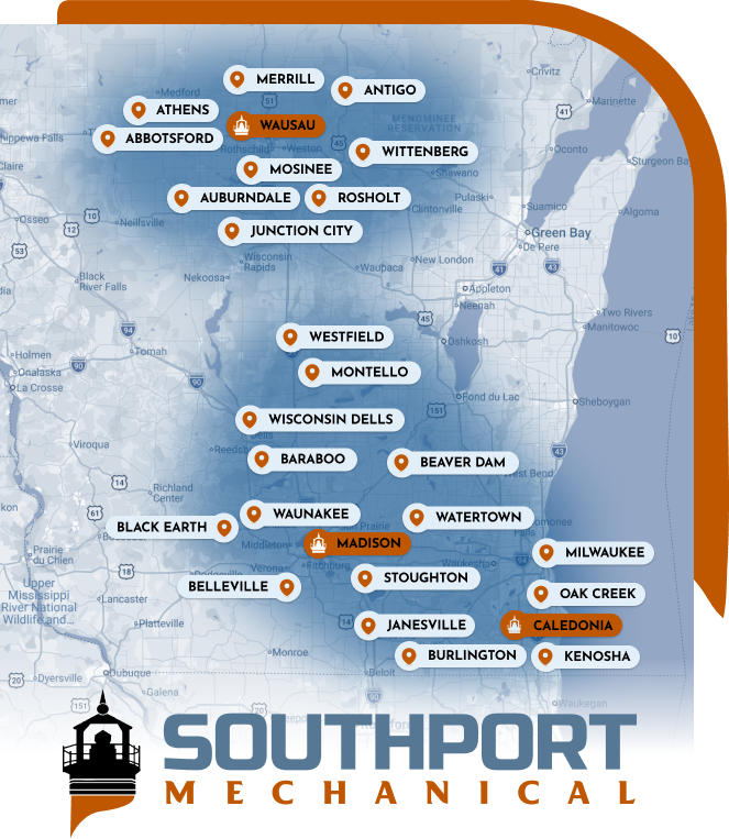 Map of southern Wisconsin with orange pins marking multiple towns and cities (Madison highlighted) including Milwaukee, Janesville, Kenosha, Watertown, Baraboo, Wisconsin Dells, Oak Creek, Caledonia, Stoughton, Waunakee, and more.