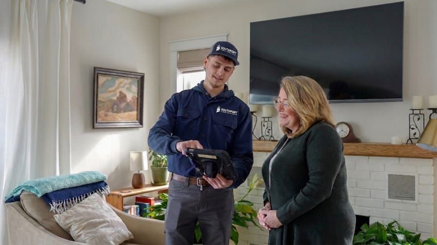 HVAC technician explaining how an UV Air Purifier Installation can improve indoor air quality.