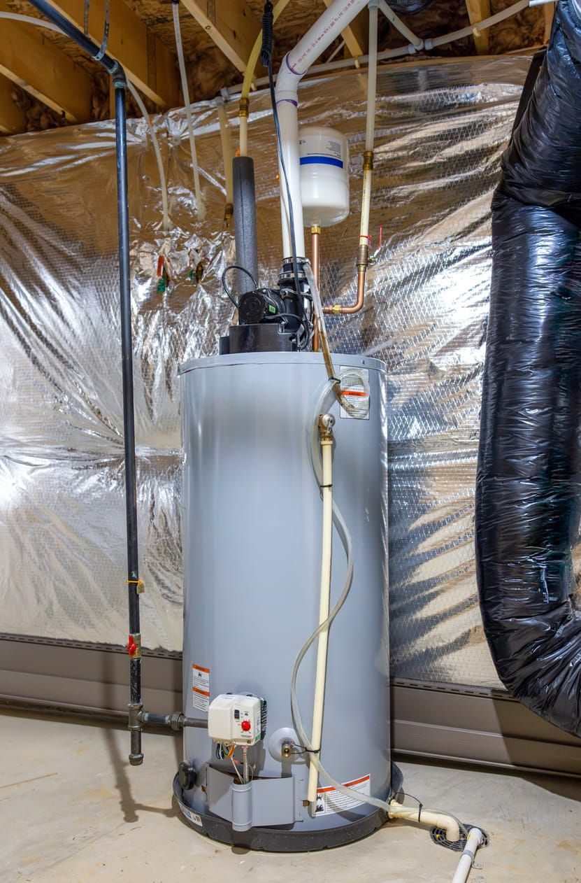 Water heater system located in a basement.