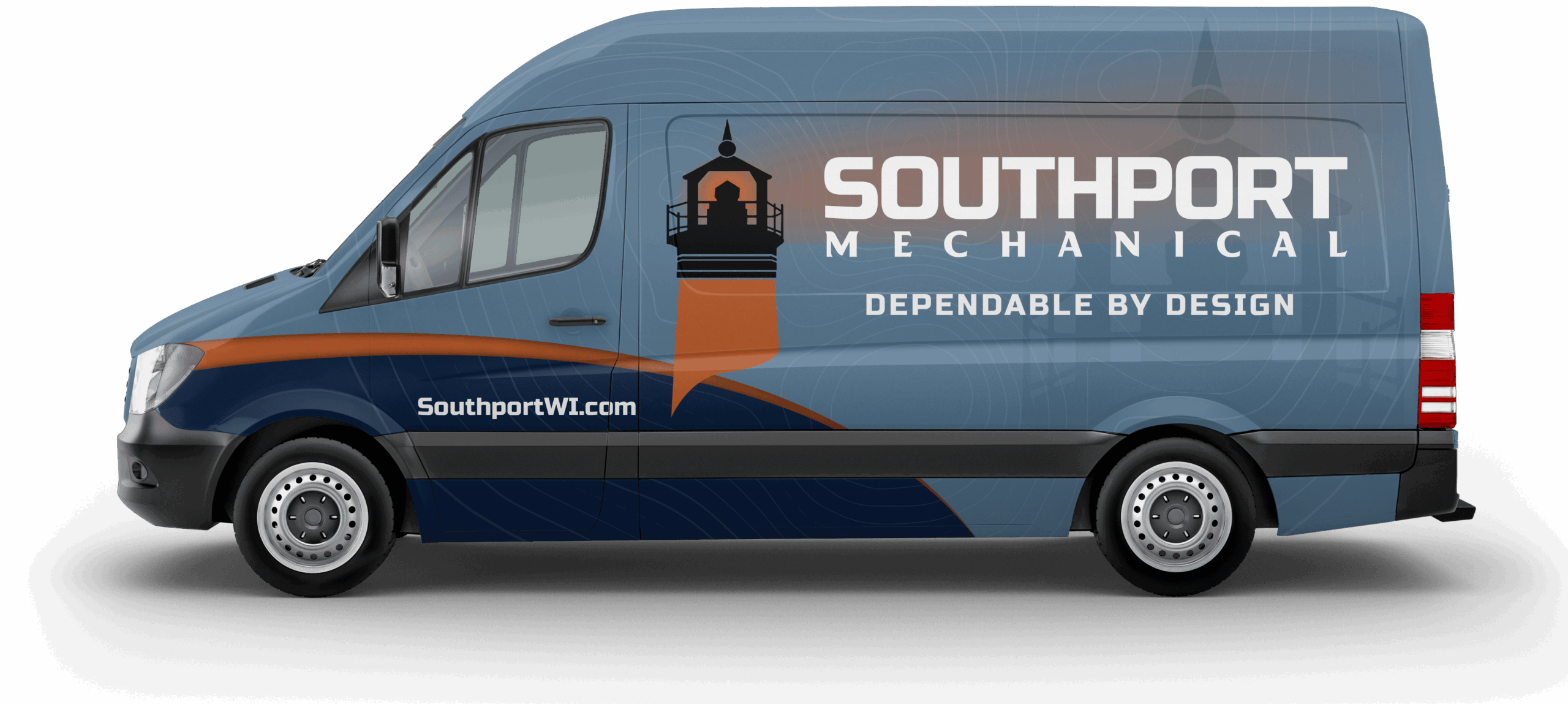 Branded blue van for Southport Mechanical with logo, slogan 'Dependable by Design', and URL SouthportWI.com on the side.