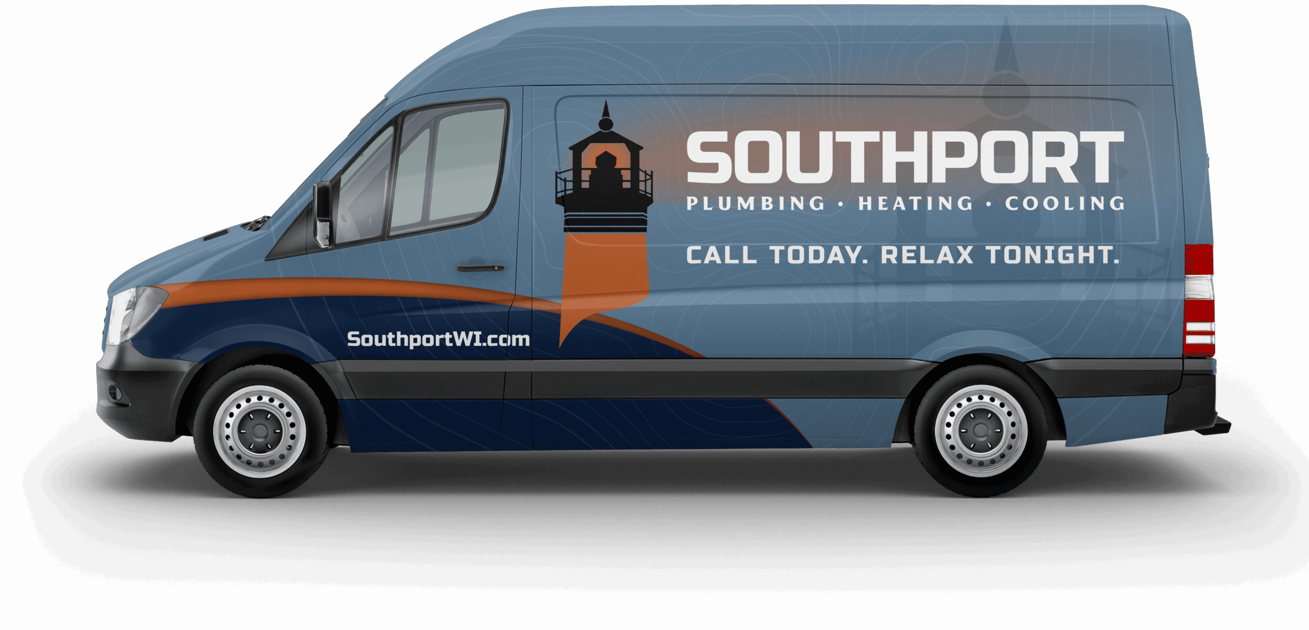 Blue van displaying Southport Plumbing Heating Cooling branding and URL, side view.