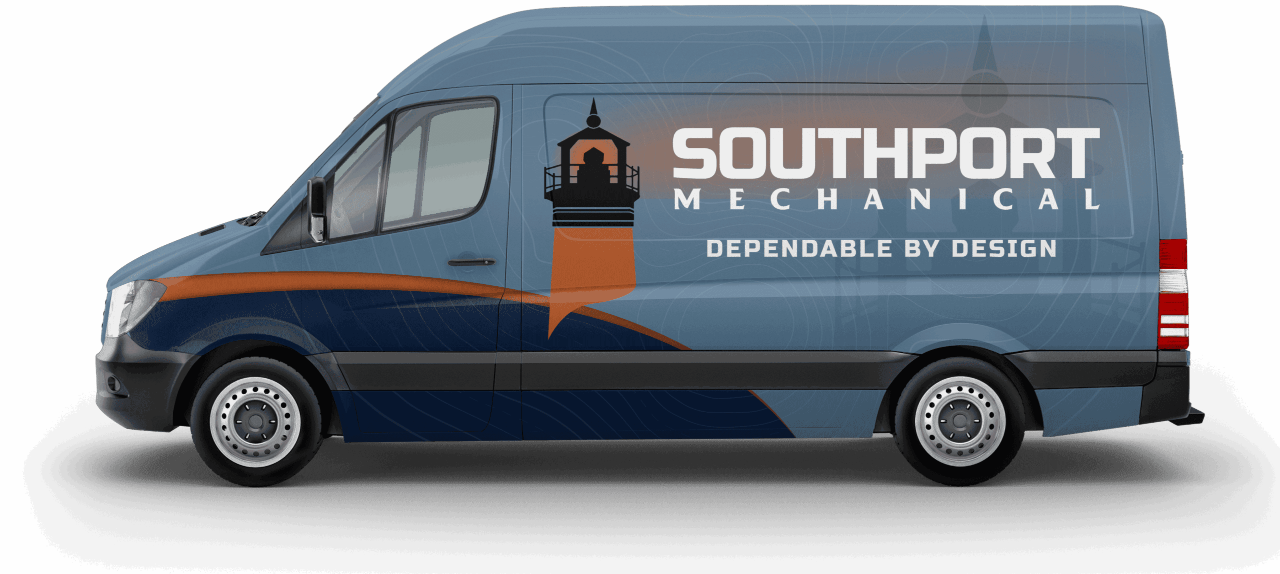 Commercial van with Southport Mechanical logo and the slogan 'Dependable by Design' on its side panel