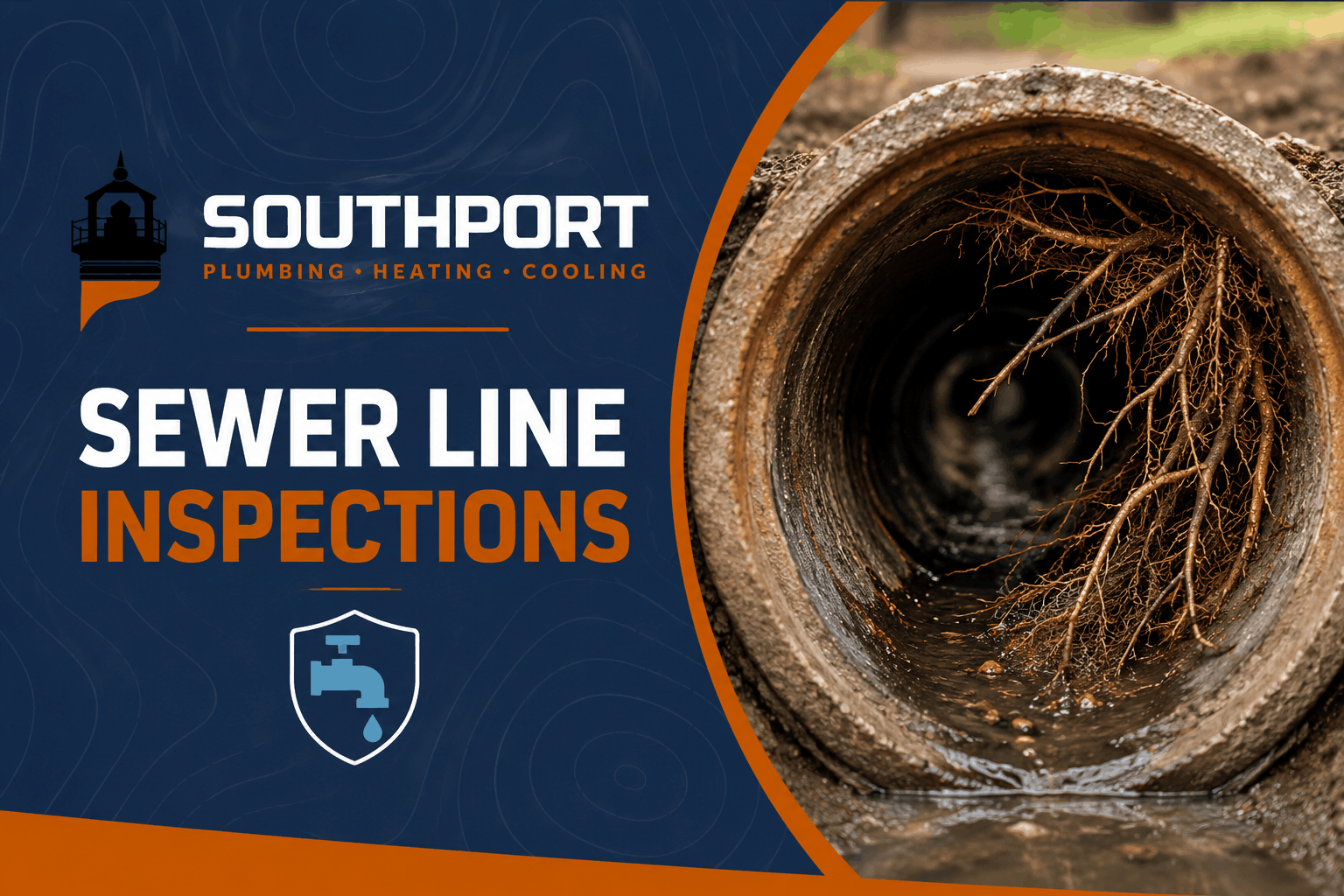 Southport plumbing banner announcing sewer line inspections with a close-up view of a root-filled sewer pipe on the right.