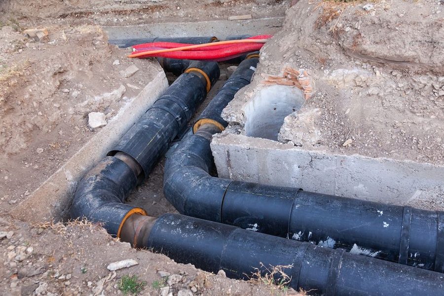 Underground sewer pipes exposed due to repairs and inspection