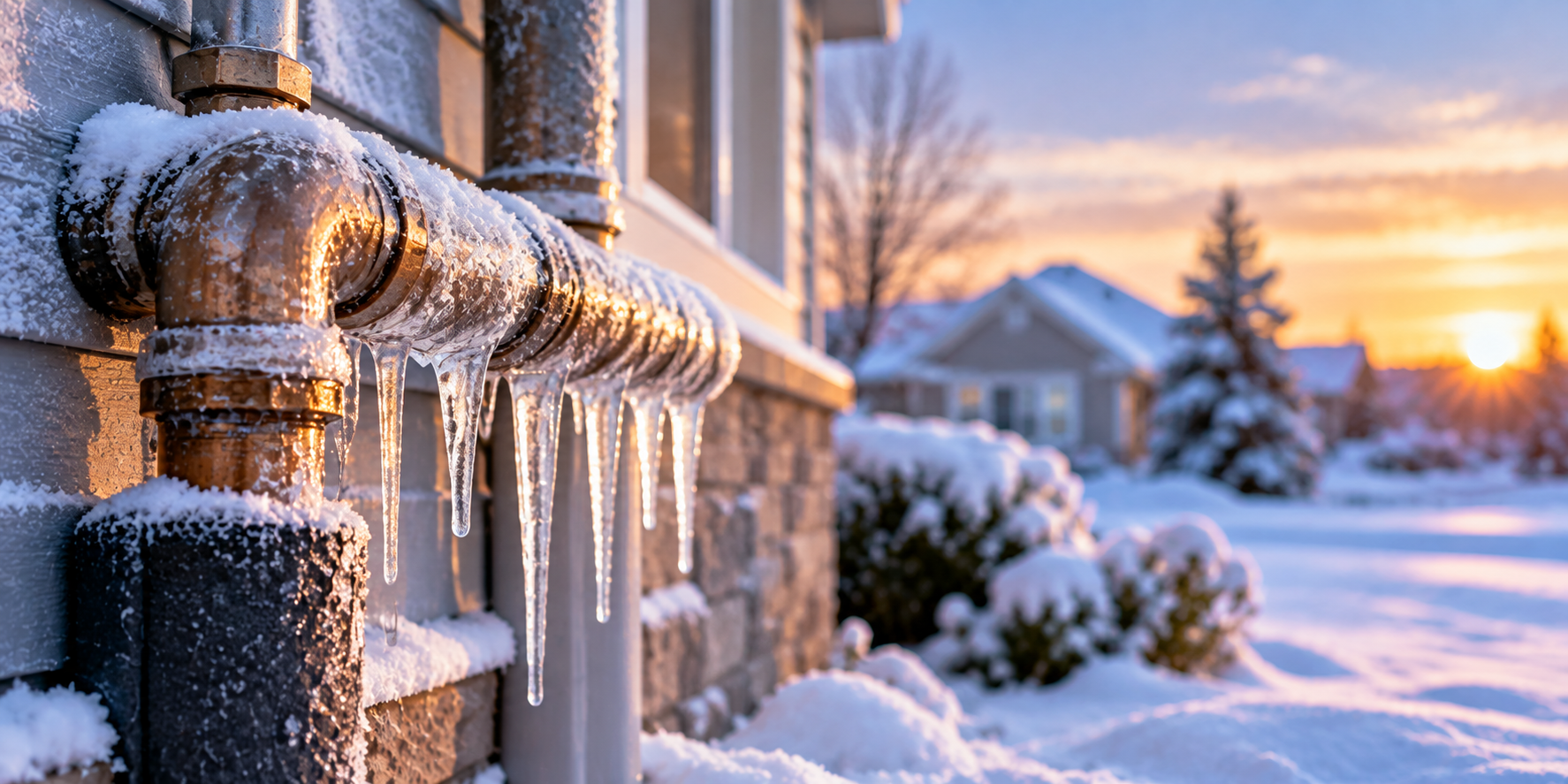Copper downspout with icicles and snow on a house exterior at sunset.