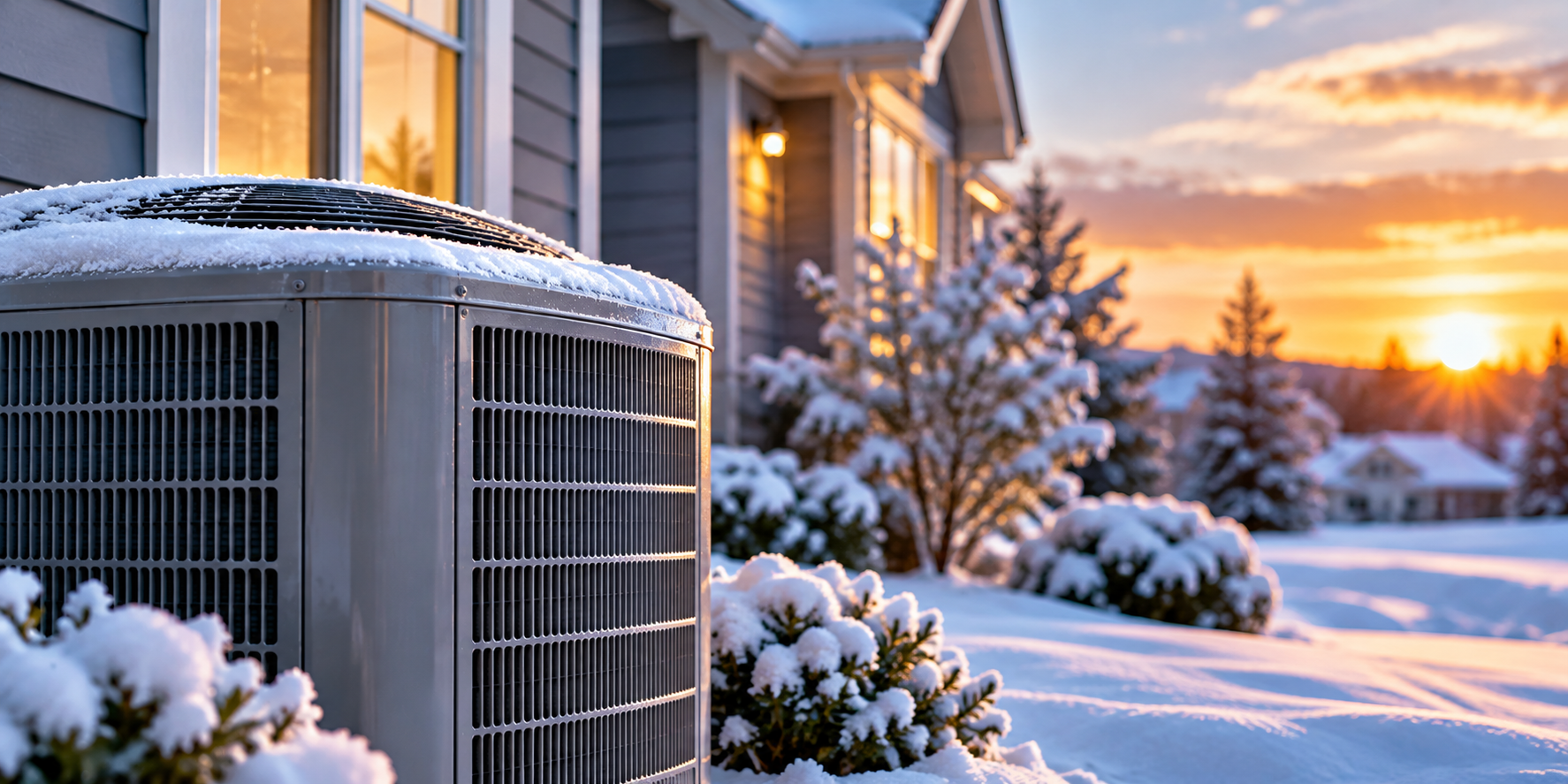Air conditioner unit covered in snow outside a house at sunset, with snow-covered shrubs nearby.