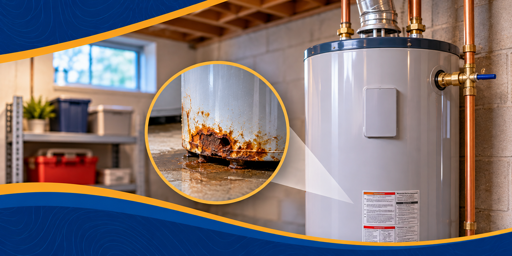 Water heater in a utility room with severe rust and corrosion at the bottom of the tank indicating a possible leak.