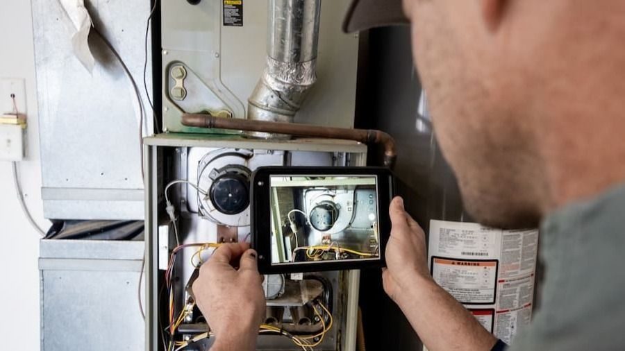 HVAC technician uses a tablet to view the inside of a furnace panel, wires and components visible inside the equipment.