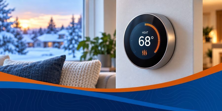 Smart thermostat on a white wall set to 68°F, with a cozy living room and snowy window visible outside.
