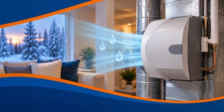 HVAC humidification system releasing a mist into a living room with snow outside the window.